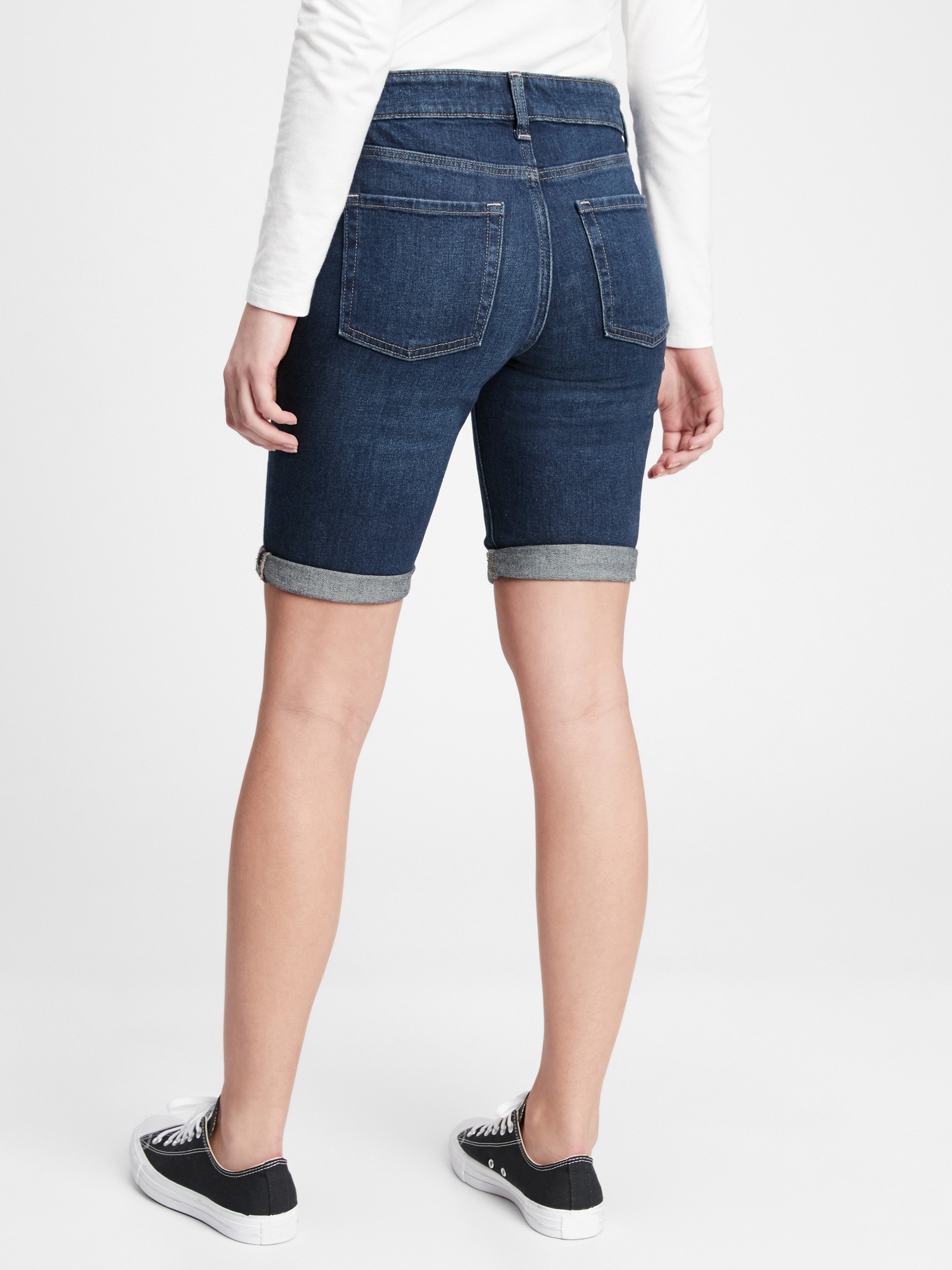 mid rise denim bermuda shorts