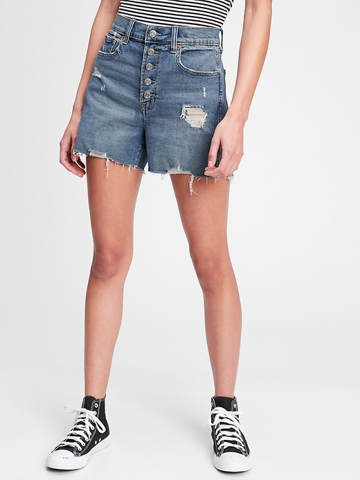 3.5" High Rise Button-Fly Destructed Denim Shorts With Washwell&#153