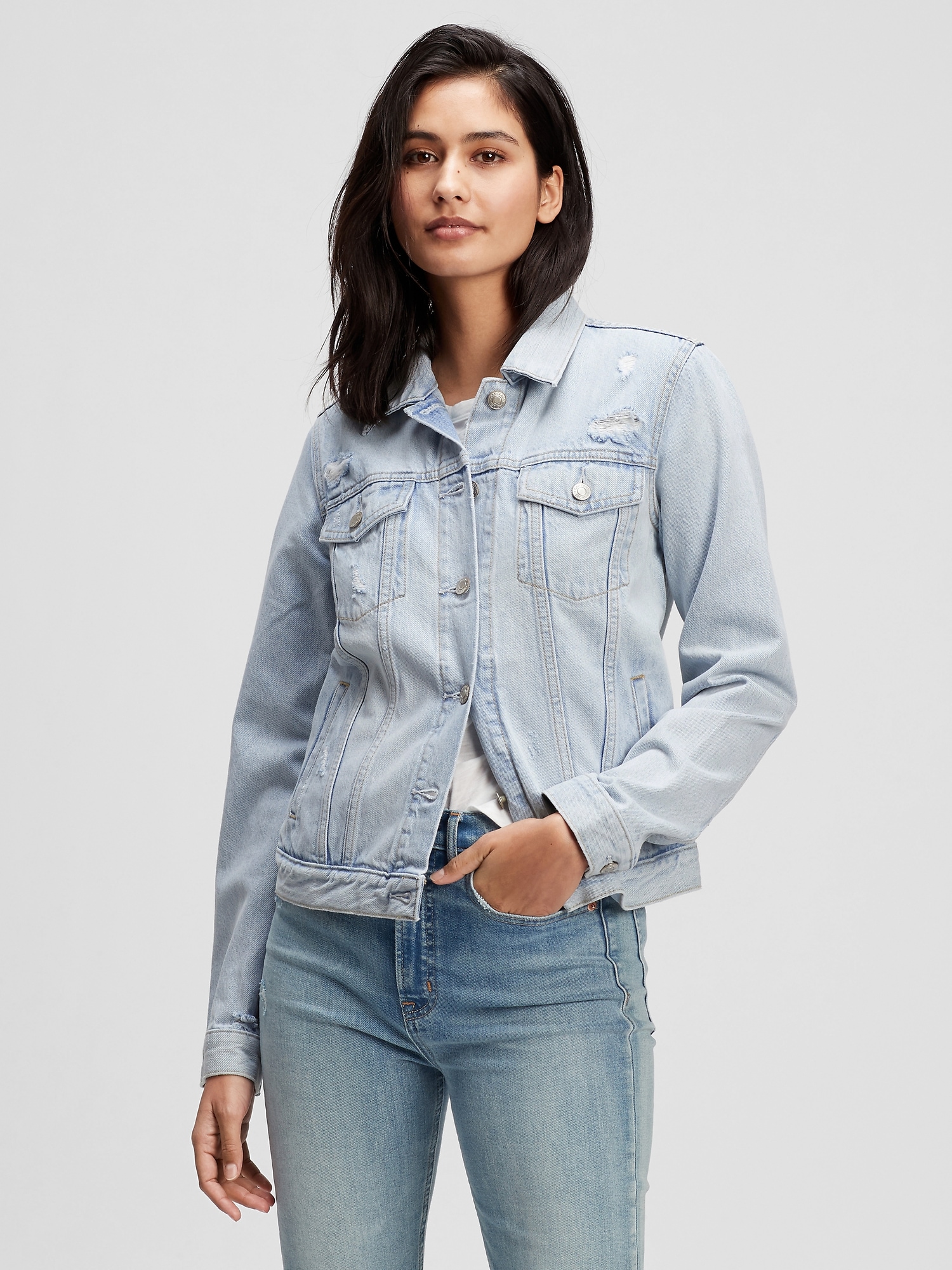 Long Denim Jacket - Light denim blue/Trashed - Ladies