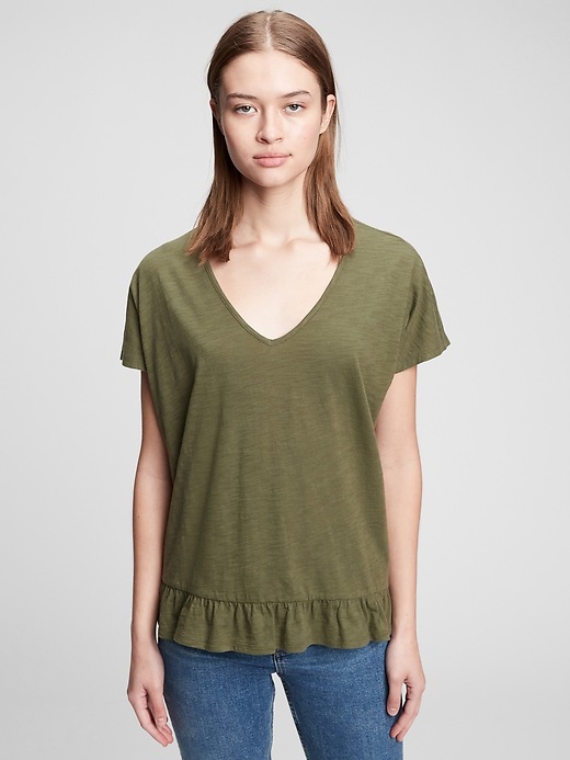 View large product image 1 of 1. ForeverSoft V-Neck Ruffle T-Shirt