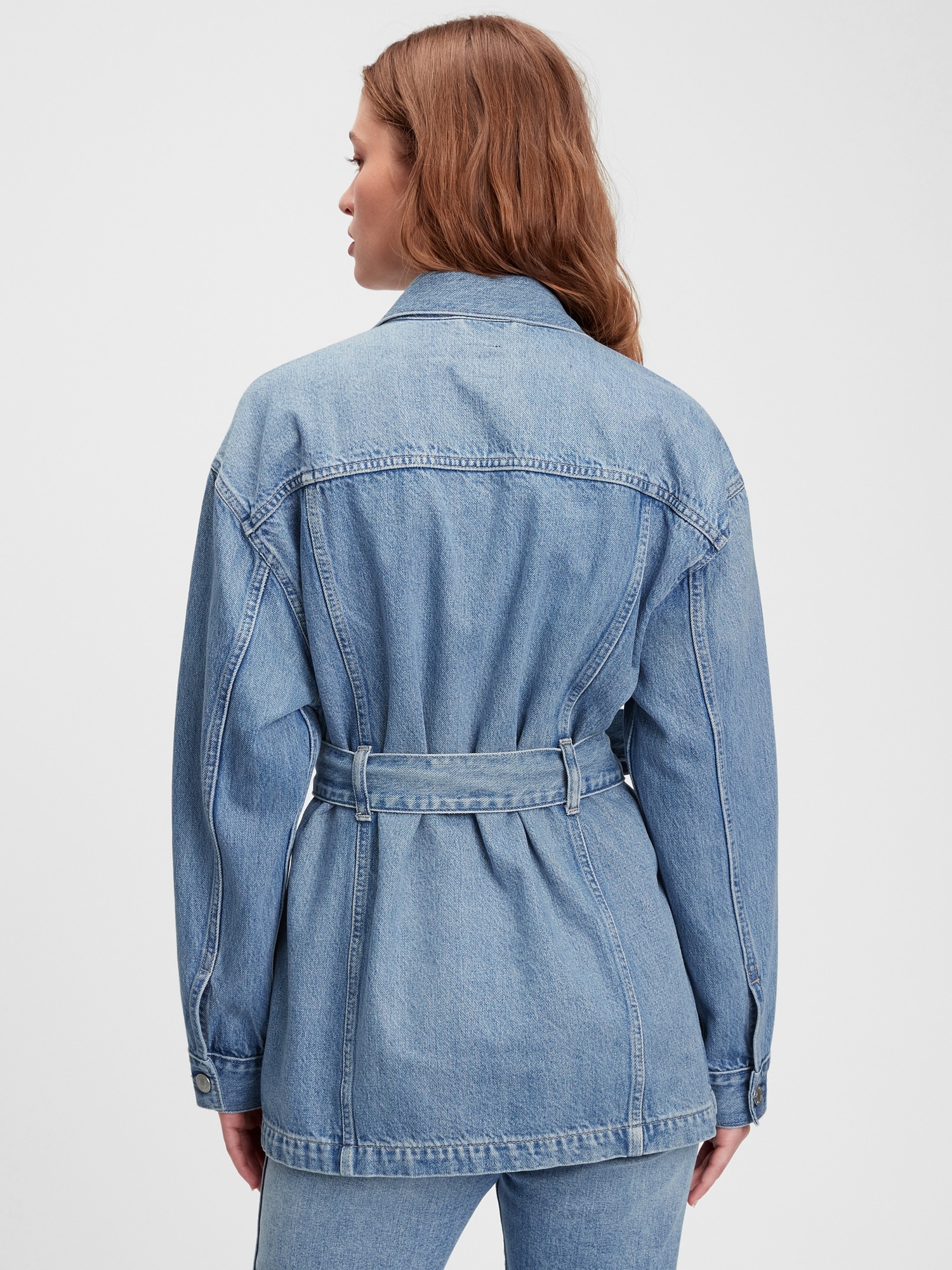 long belted denim jacket