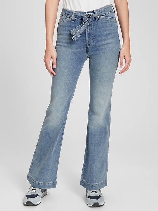 Image number 5 showing, High Rise Tie-Belt Flare Jeans