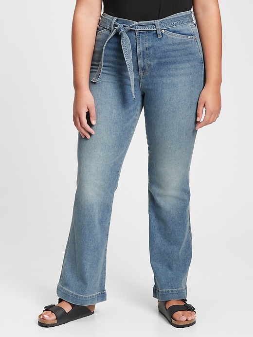 Image number 3 showing, High Rise Tie-Belt Flare Jeans