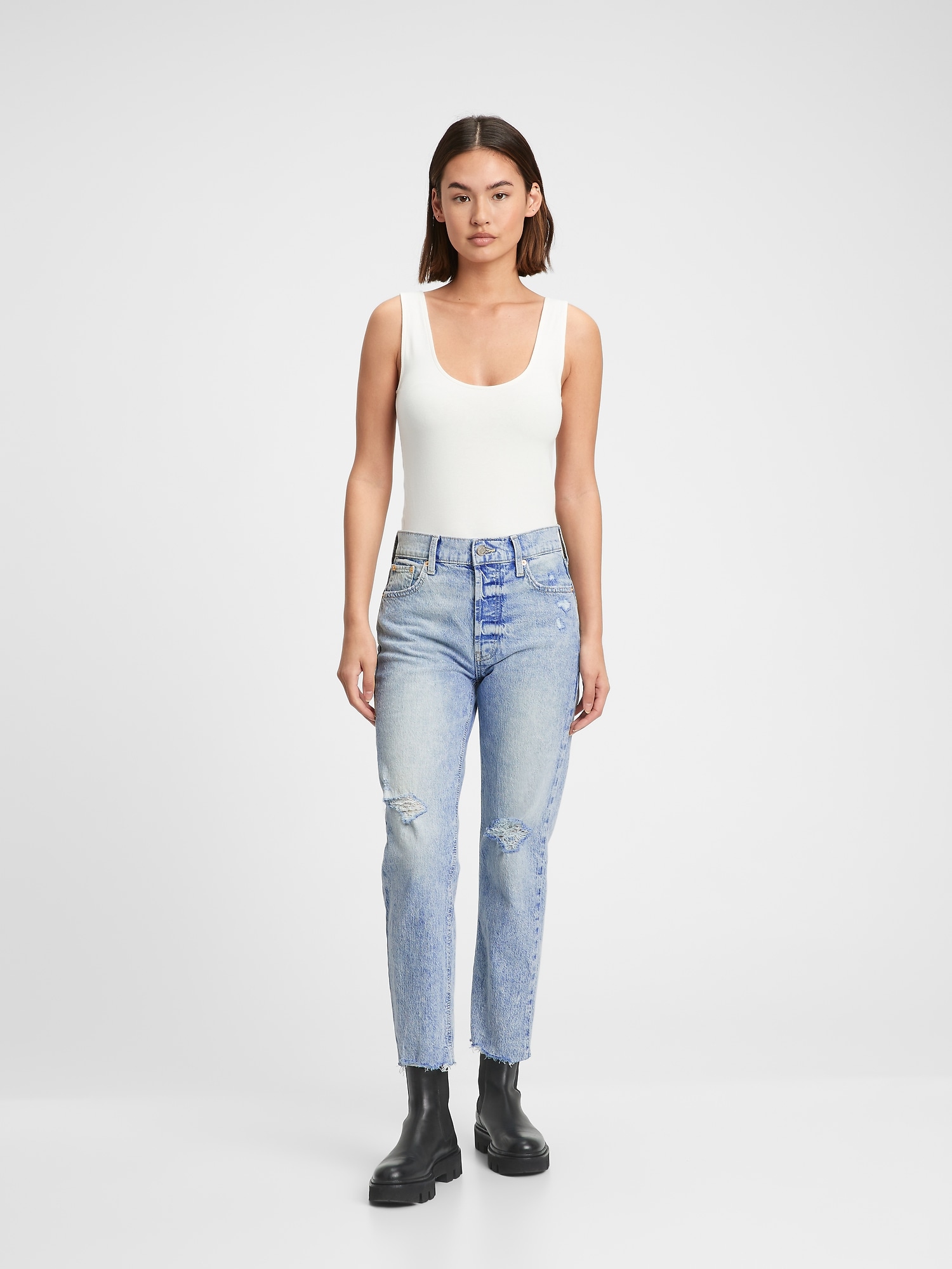 High Rise Destructed Cheeky Straight Jeans with Washwell