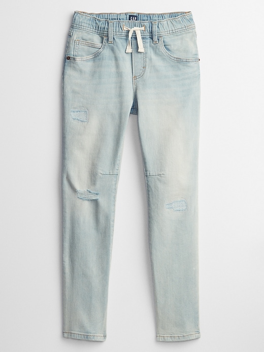 Kids Destructed Pull-On Slim Jeans with Washwell