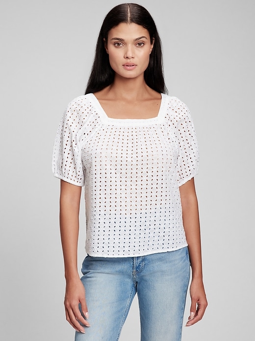 View large product image 1 of 1. Puff Sleeve Eyelet Top