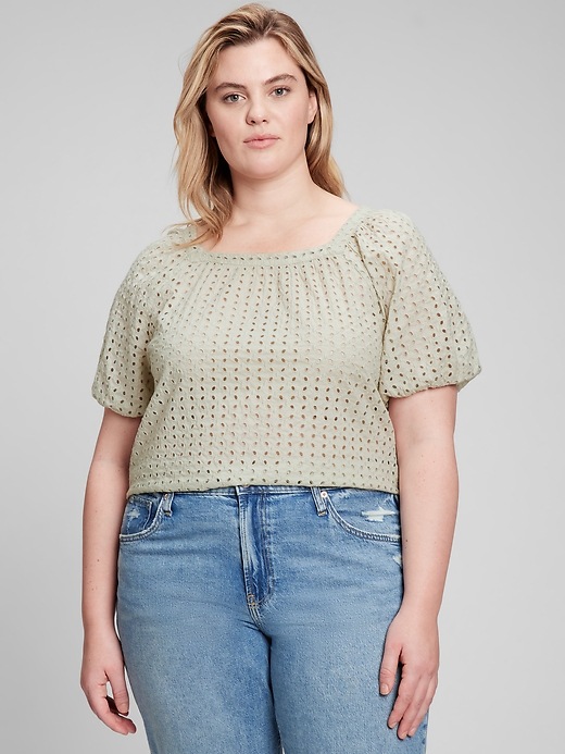 Image number 1 showing, Puff Sleeve Eyelet Top