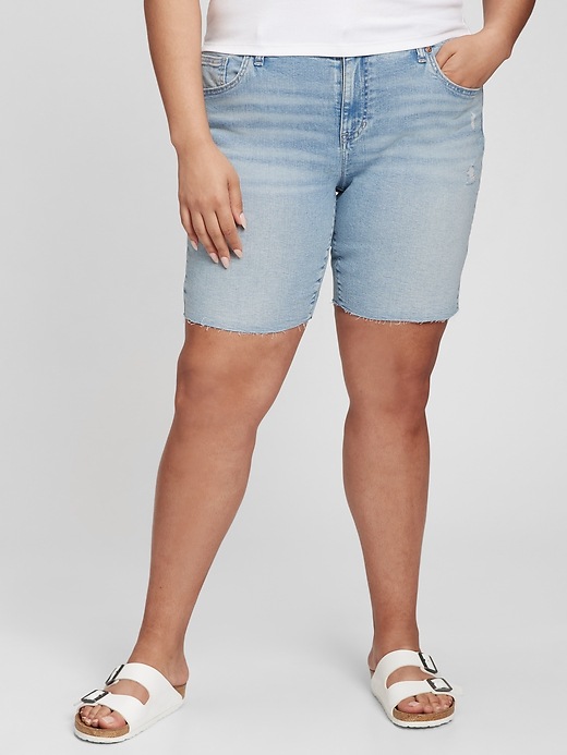 Image number 1 showing, 9" Mid Rise Distressed Denim Bermuda Shorts with Washwell