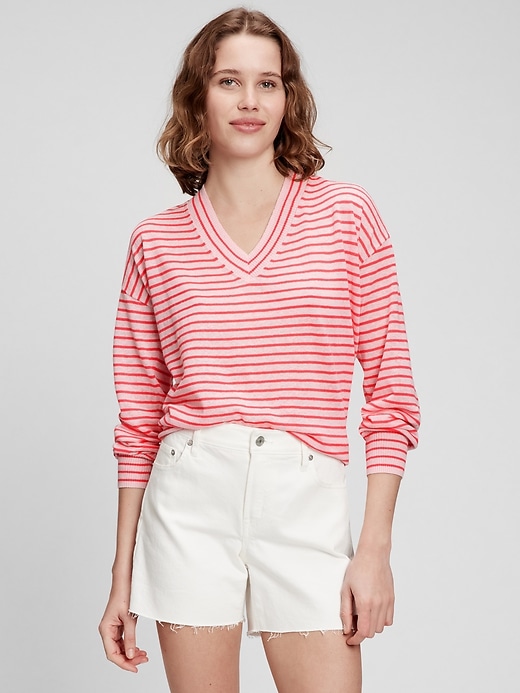 Image number 1 showing, Stripe Linen V-Neck Sweater