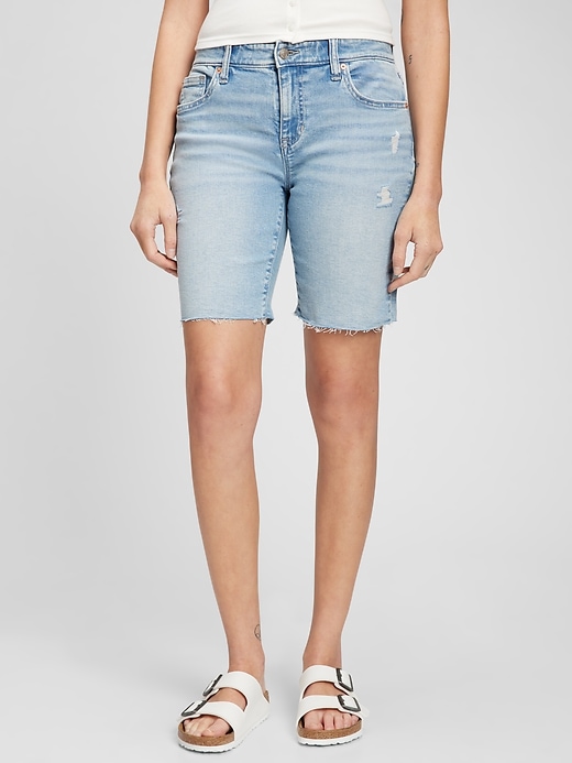 Image number 1 showing, 9" Mid Rise Distressed Denim Bermuda Shorts with Washwell