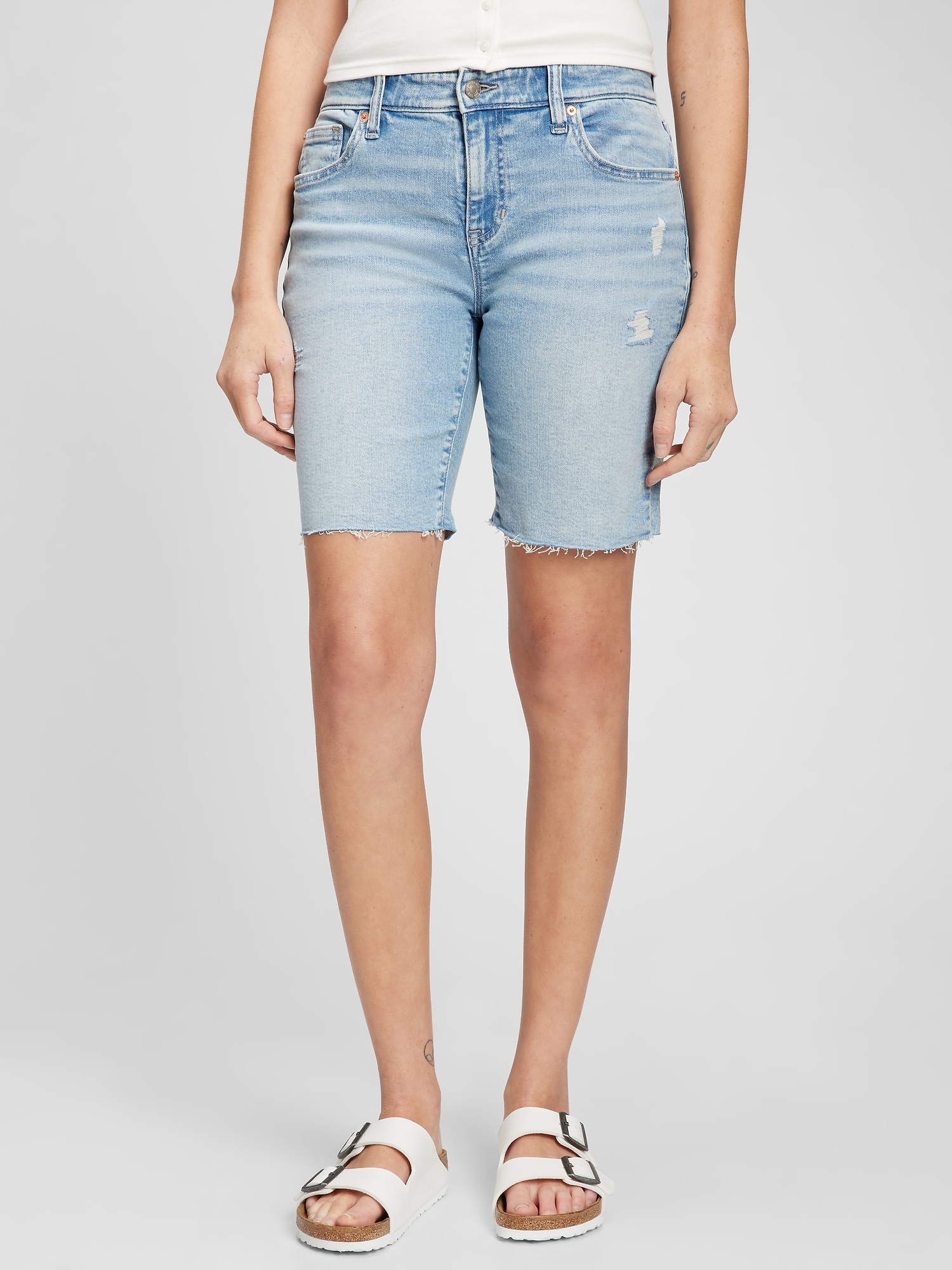 9" Mid Rise Distressed Denim Bermuda Shorts Gap Factory
