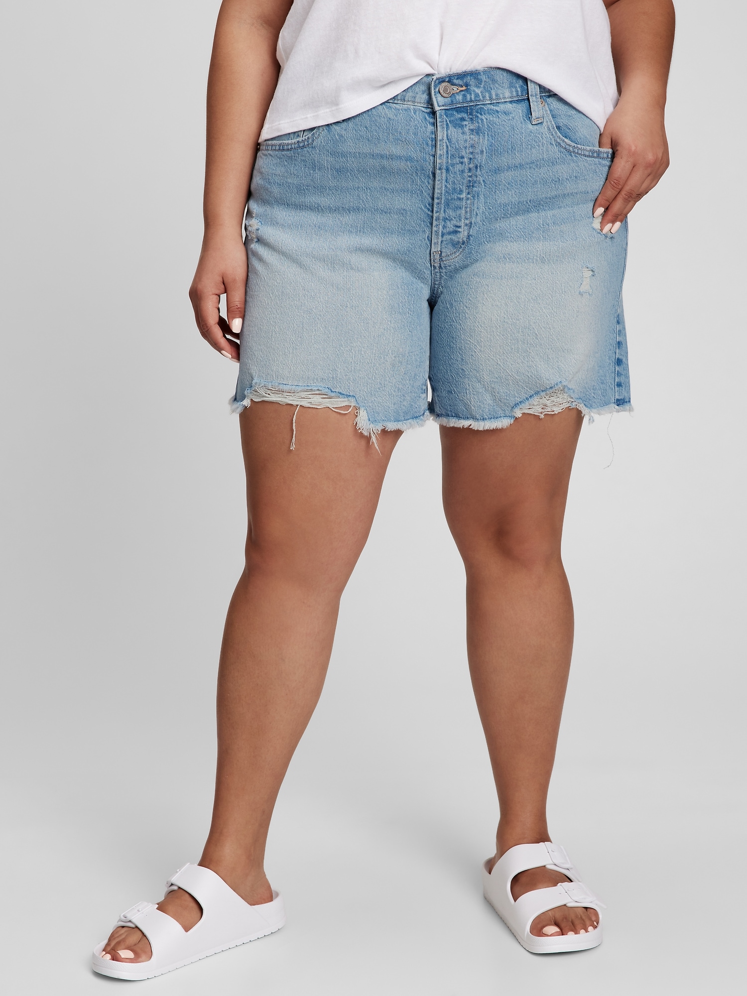 6 high rise destructed cheeky midi denim shorts with washwell gap