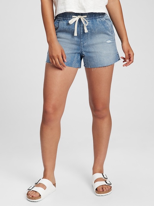 Image number 1 showing, 3.5" High Rise Distressed Denim Pull-On Shorts