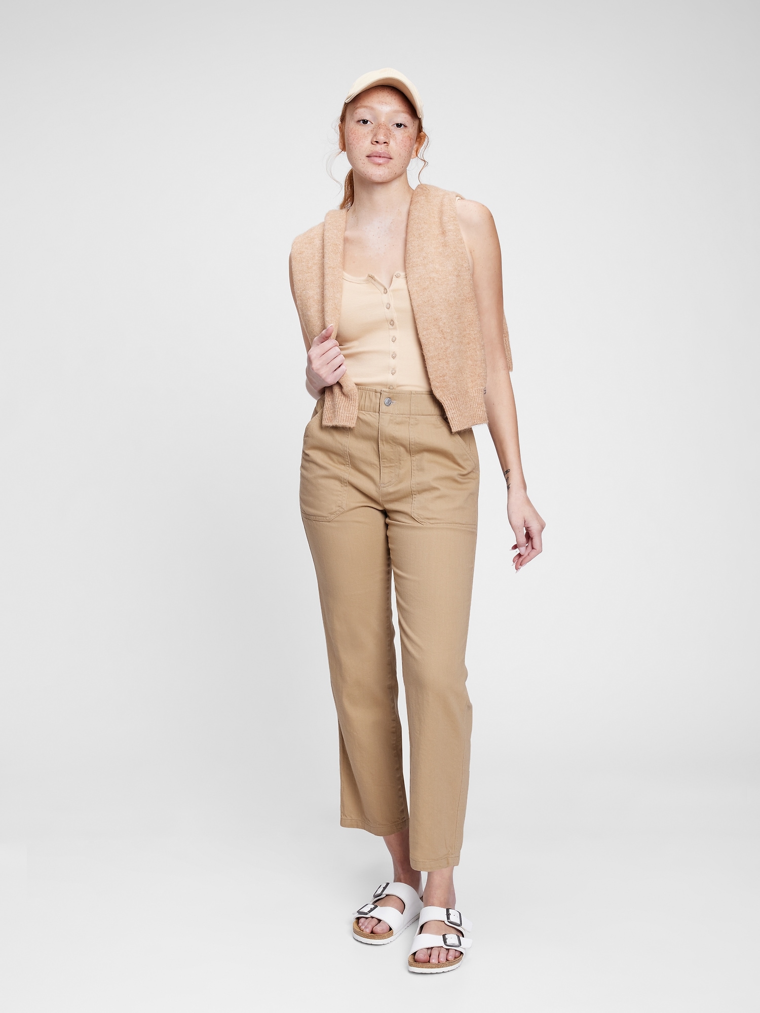 Khaki Pants - High Waist Paperbag Pants - Button Dly Closure Paperbag Pants