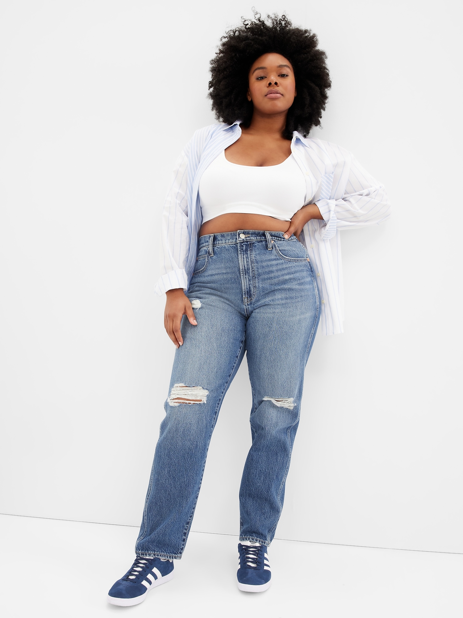 High Rise Destructed Mom Jeans with Washwell