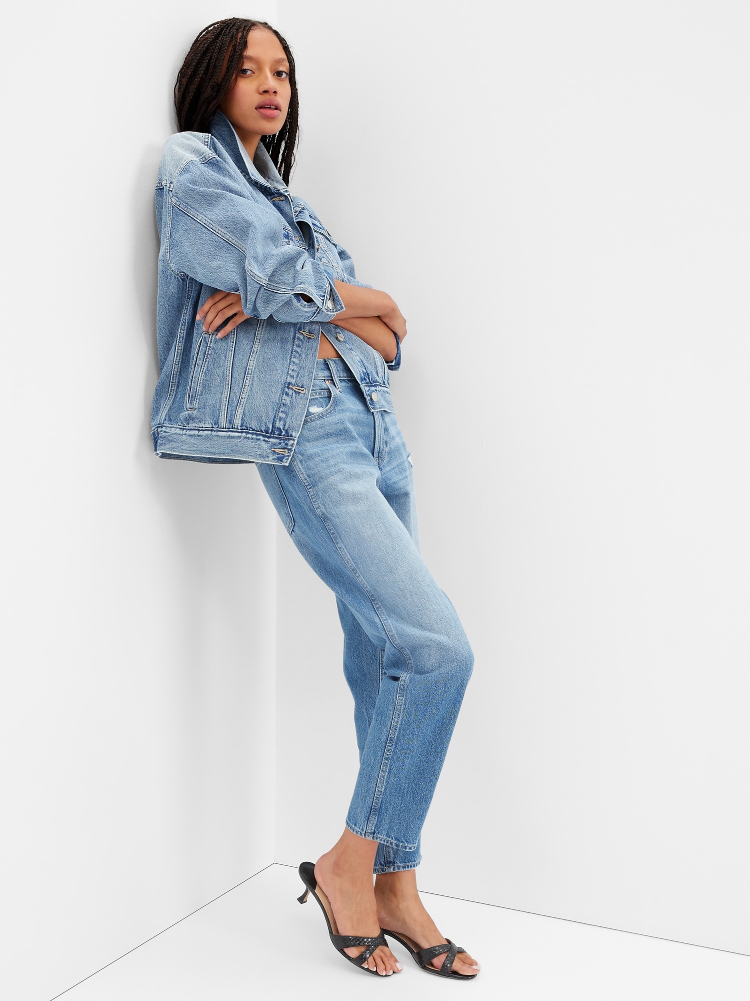 High Rise Distressed Mom Jeans with Washwell