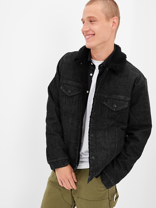 Gap Factory Men's Sherpa Icon Denim Jacket with Washwell Washed Black Size Xs