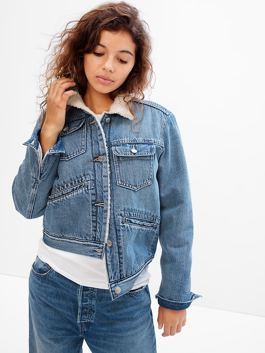 Gap Factory Women's Vintage Sherpa Icon Denim Jacket with Washwell Medium Wash Size XXL