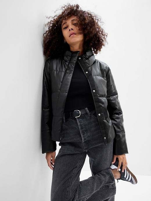 Image number 1 showing, Faux-Leather Puffer Jacket