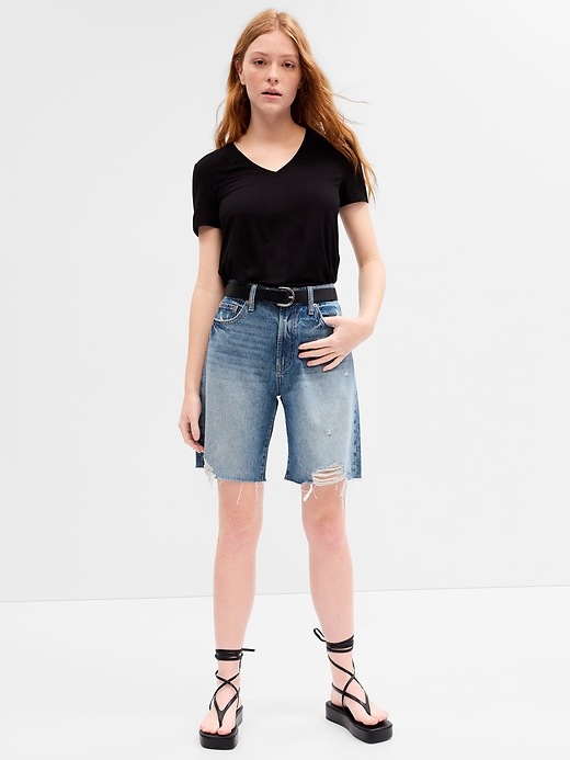 Image number 1 showing, 8" High Rise Destructed Denim Loose Bermuda Shorts with Washwell