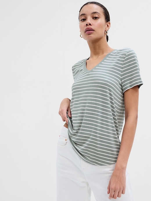 White And Beige Linen-blend Striped V-neck T-Shirt