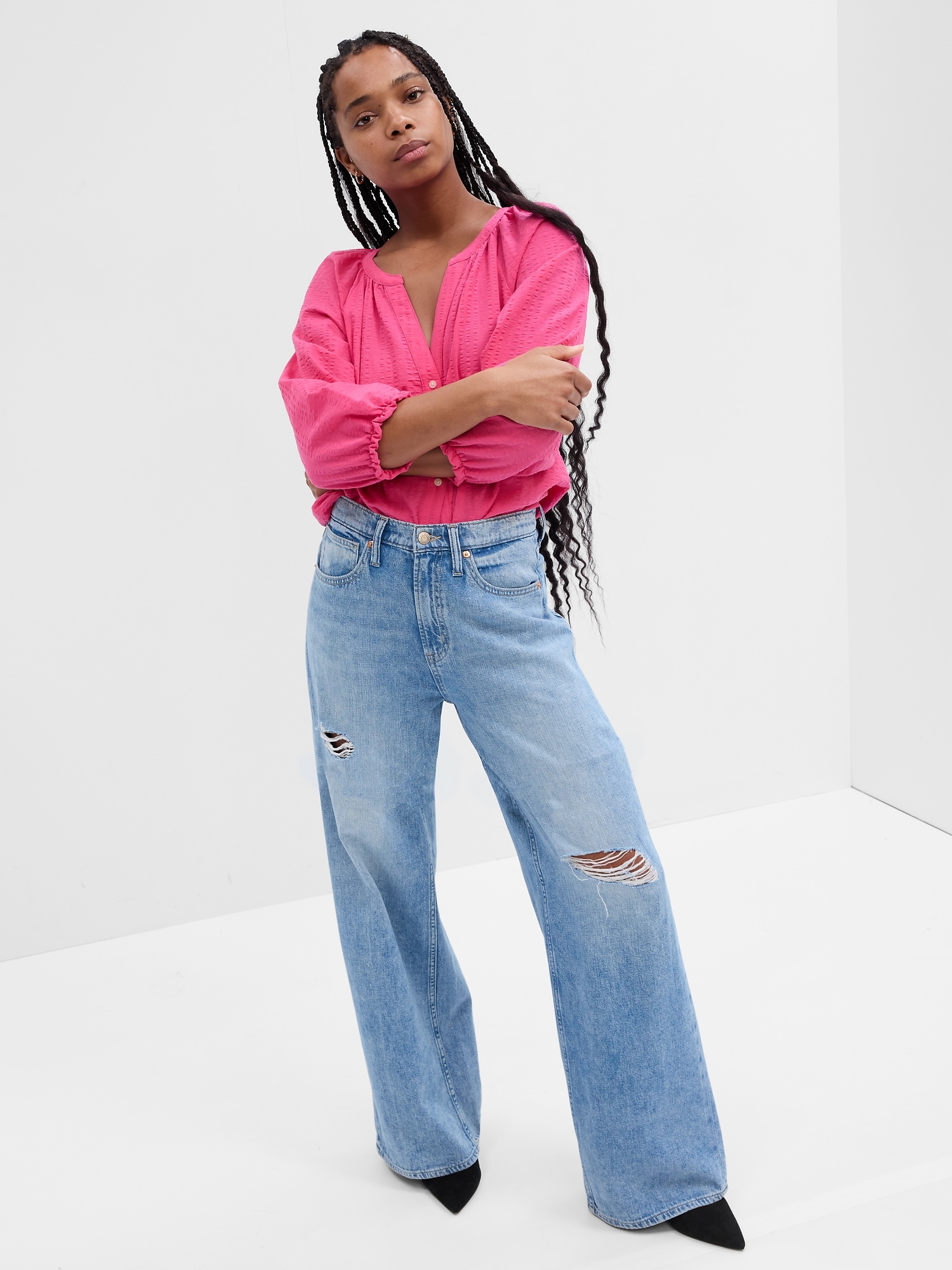 High Rise Destructed Wide-Leg Jeans with Washwell