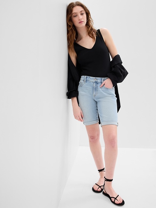 Image number 1 showing, 9" Mid Rise Denim Bermuda Shorts with Washwell