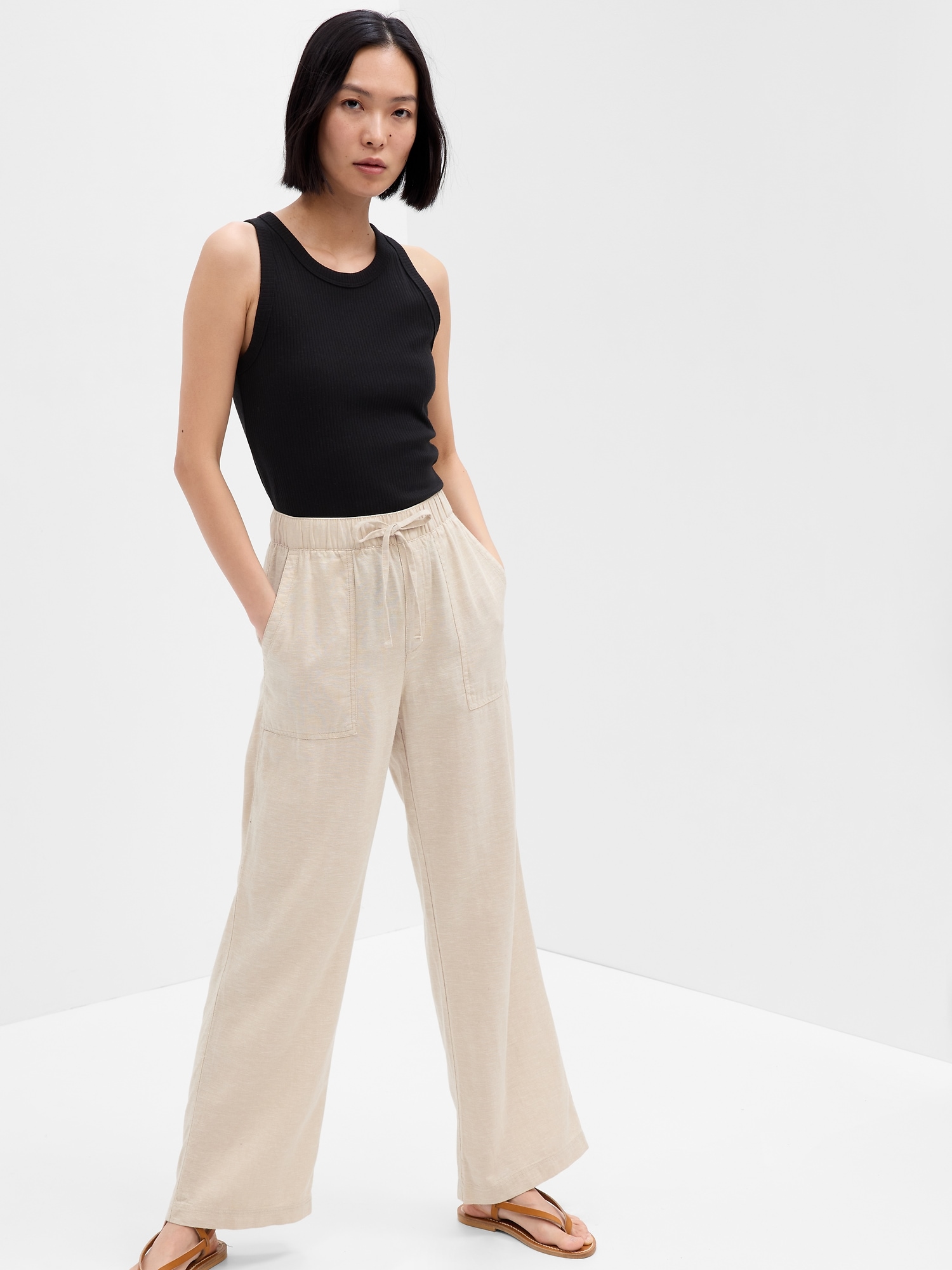 WOMEN'S LINEN BLEND PLEATED WIDE PANTS (TUCKED) (CO-ORD)