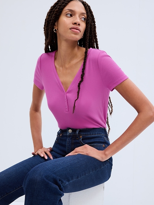 Image number 1 showing, Fitted Ribbed Henley T-Shirt