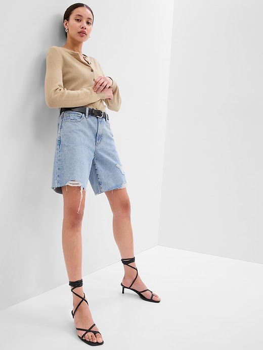 Image number 1 showing, 8" High Rise Destructed Denim Loose Bermuda Shorts