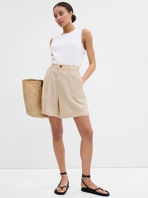 Image number 9 showing, 5" High Rise Pleated Linen Shorts