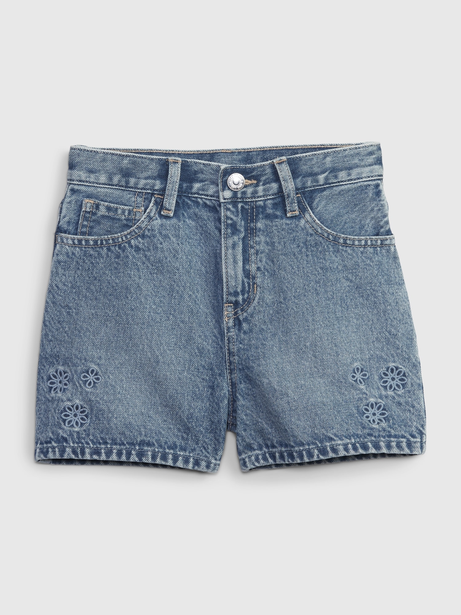 Kids High Rise Embroidered Mom Jean Shorts
