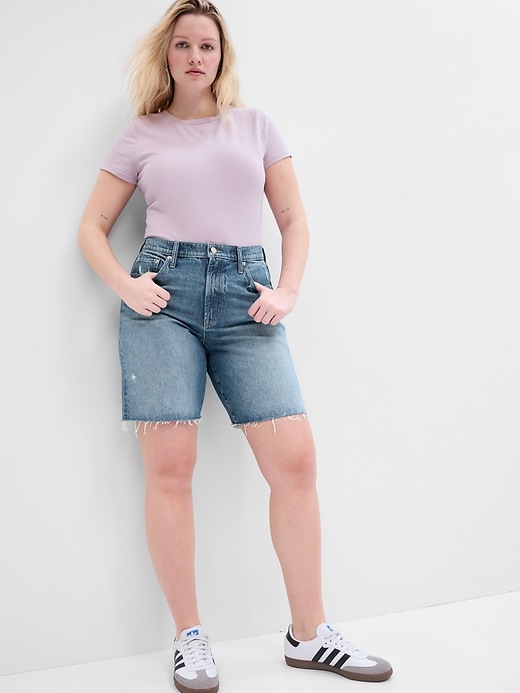 Image number 3 showing, 8" High Rise Destructed Denim Loose Bermuda Shorts with Washwell
