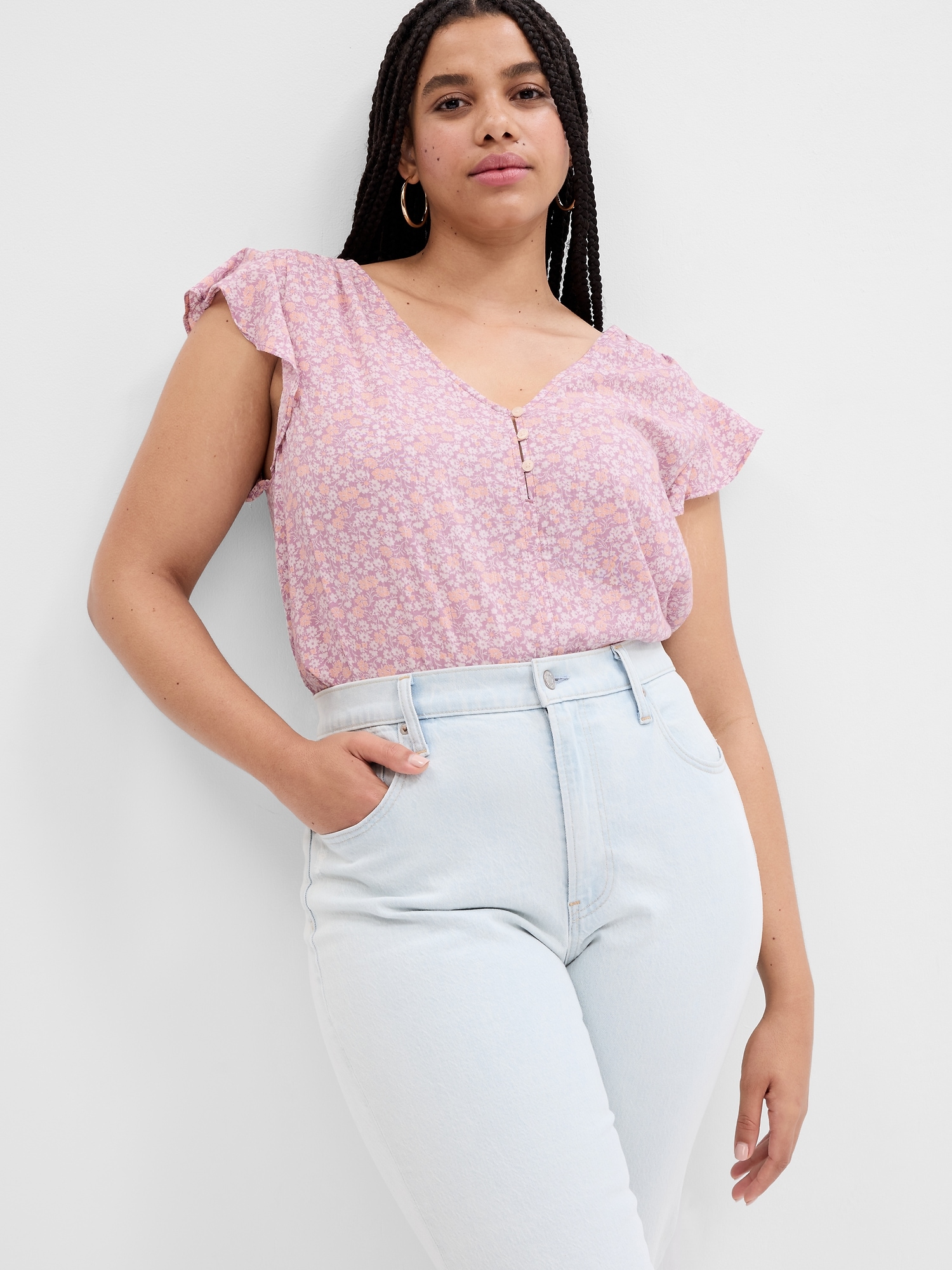 V-Neck Flutter Sleeve Top