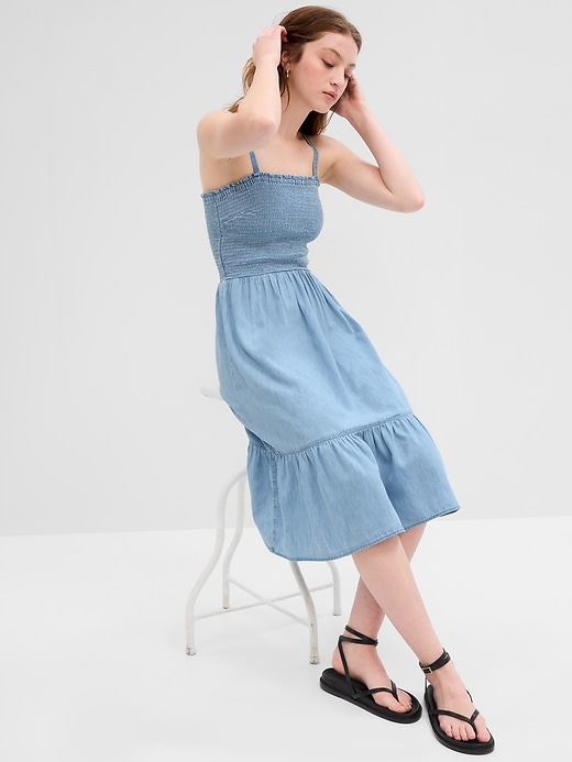 Image number 1 showing, Smocked Denim Midi Dress