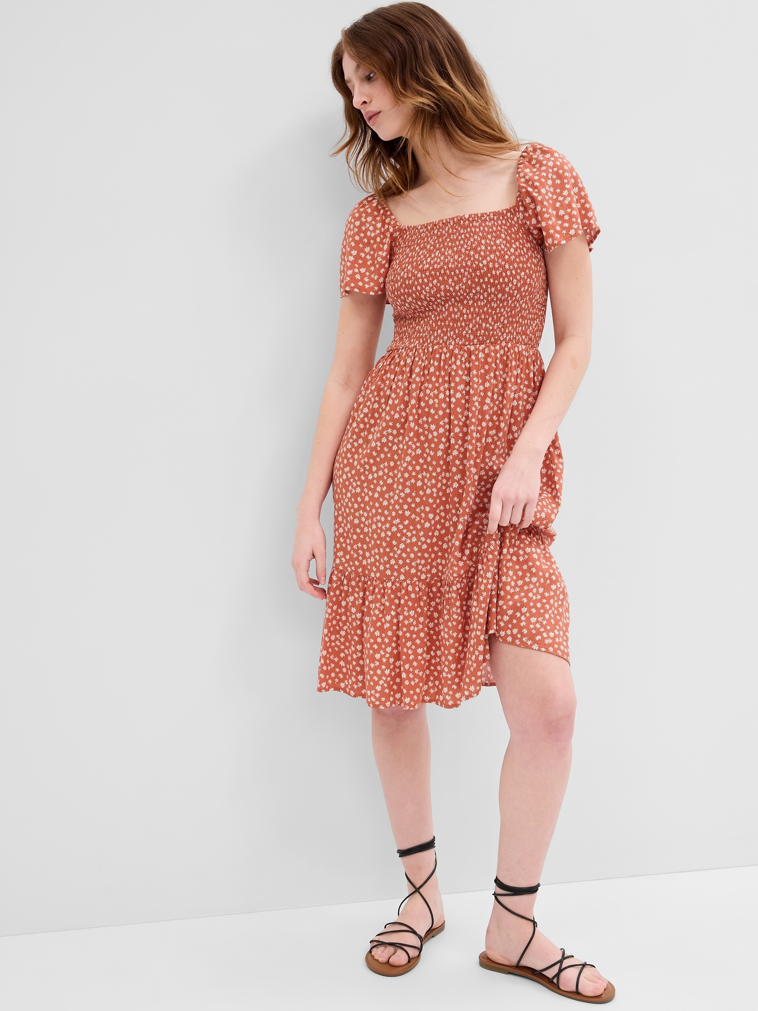 Smocked Squareneck Midi Dress