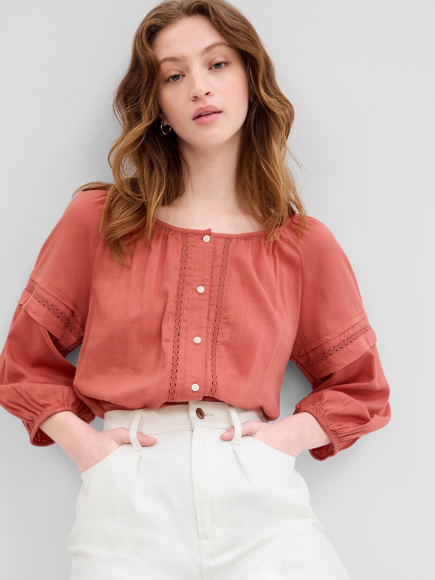 Relaxed Button-Front Lace Top