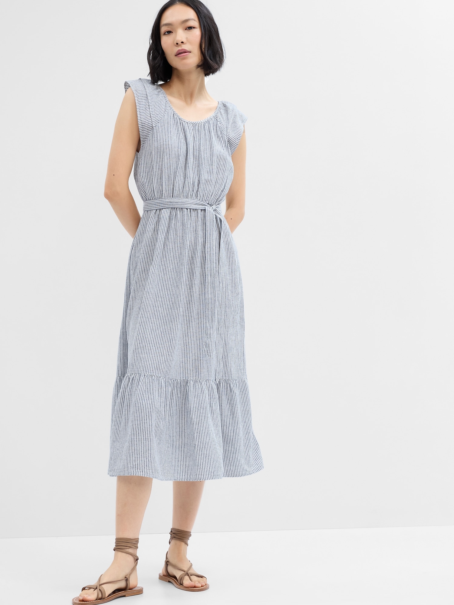 Linen Flutter Sleeve Midi Dress