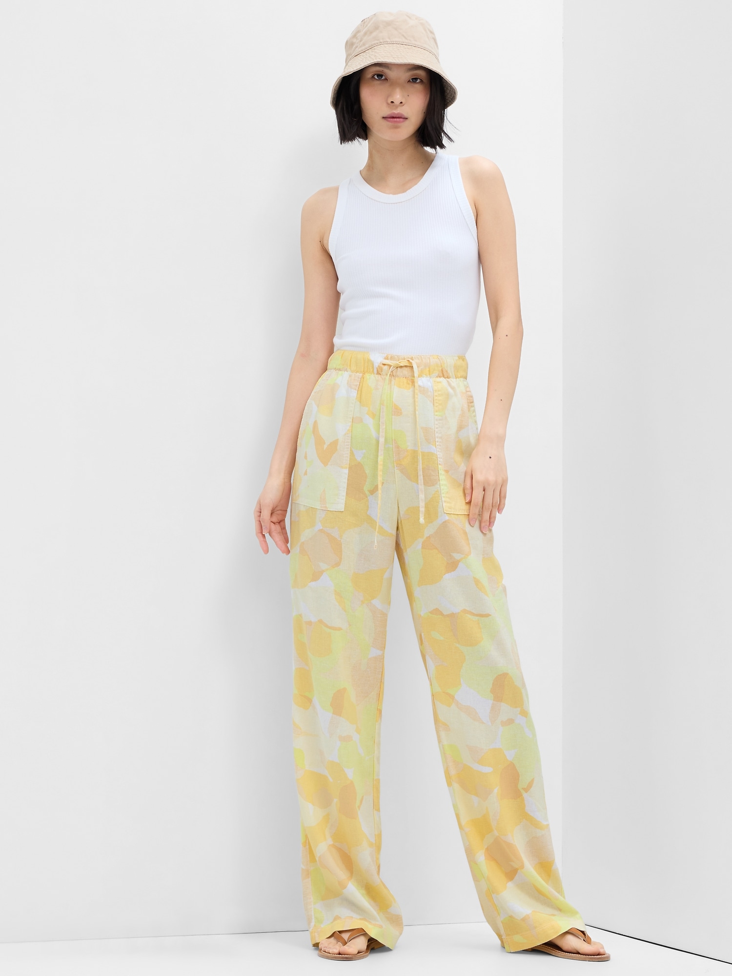 Wide-Leg Print Linen Pants