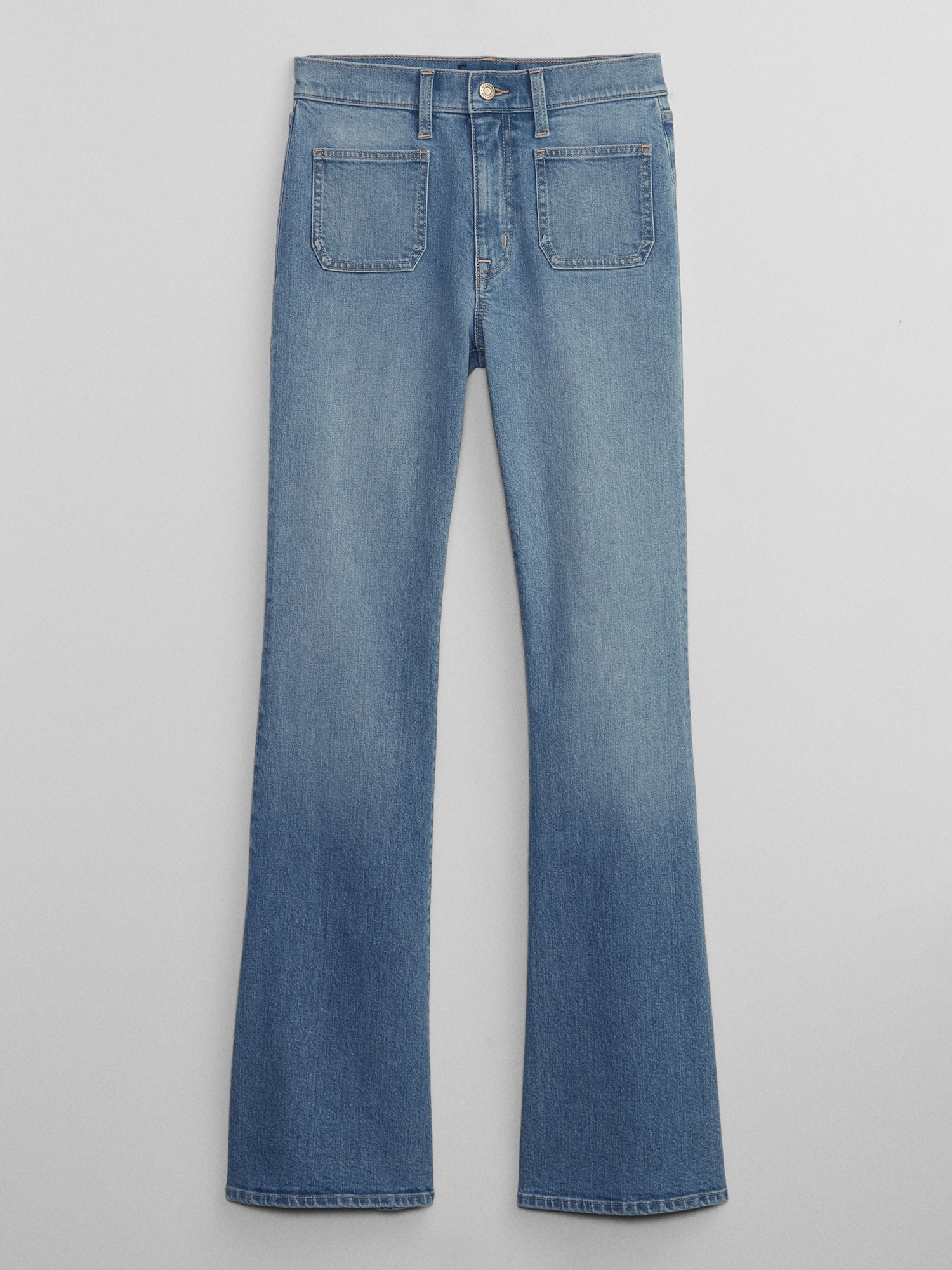 River Island Tall pocket front flared jeans in mid authentic blue