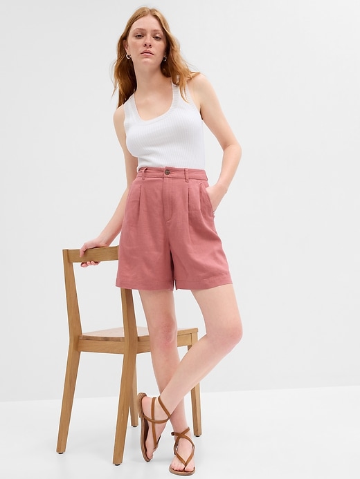 Image number 7 showing, 5" High Rise Pleated Linen Shorts