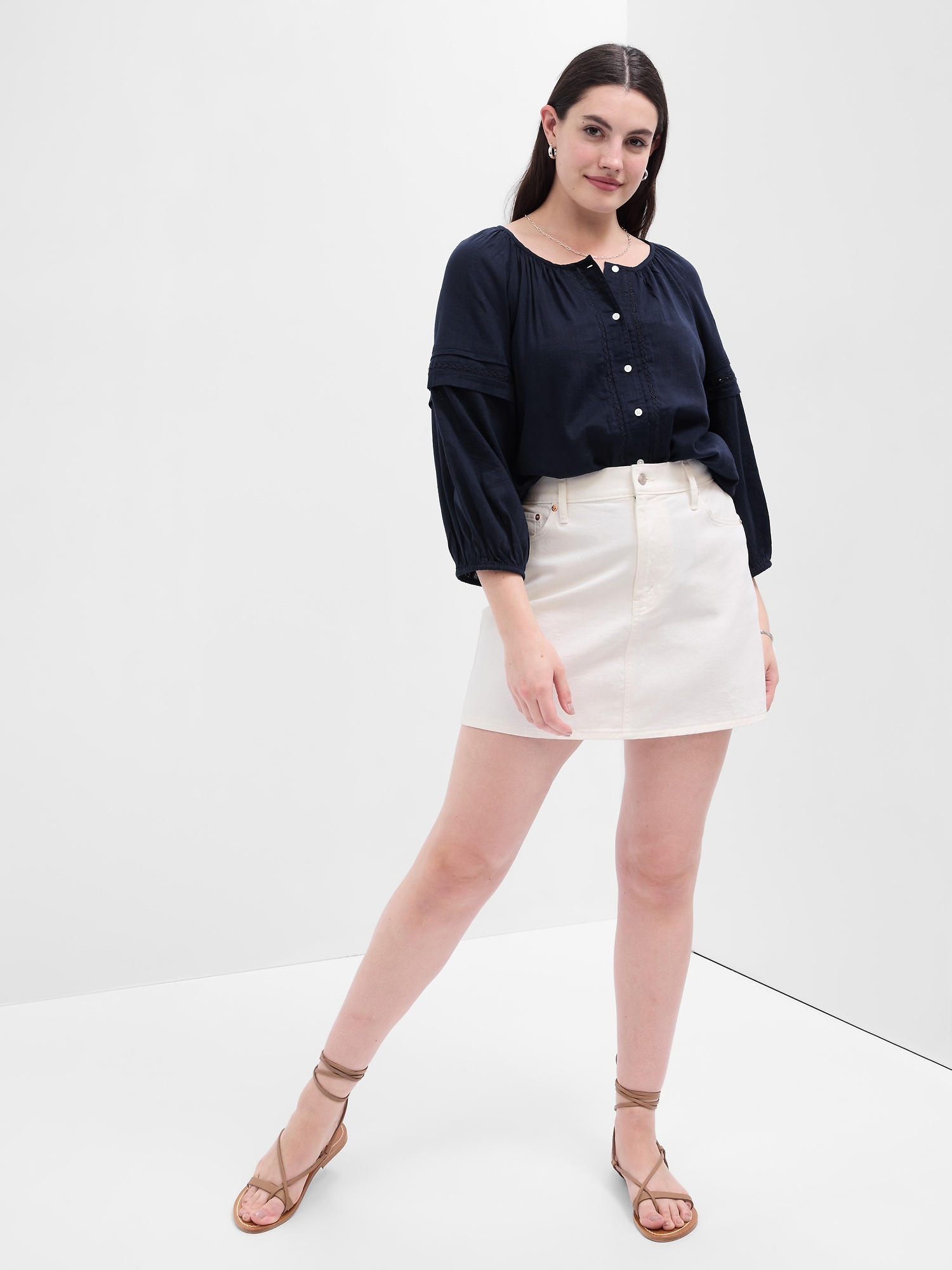 Relaxed Button-Front Lace Top
