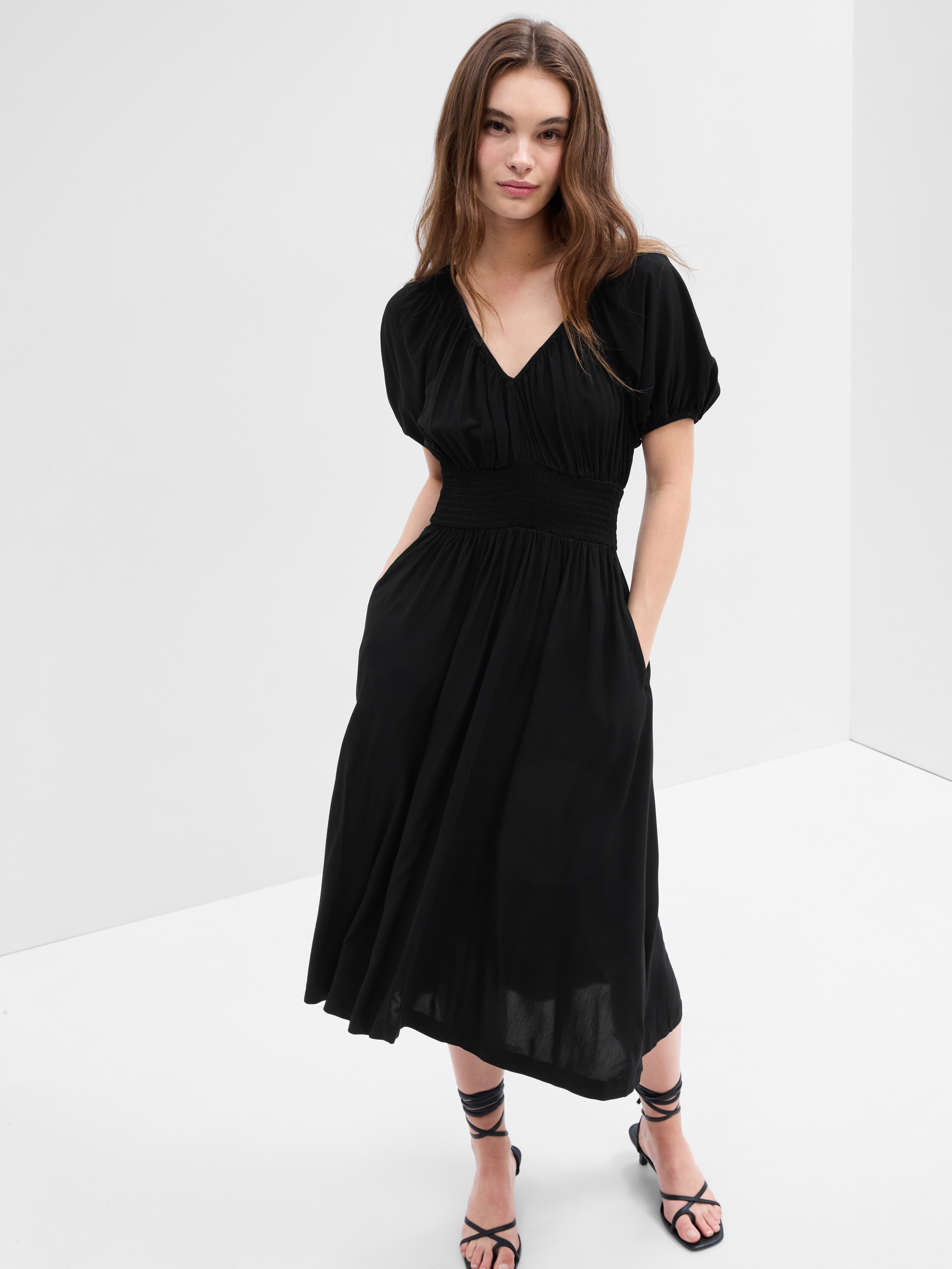 Smocked Puff Sleeve Midi Dress