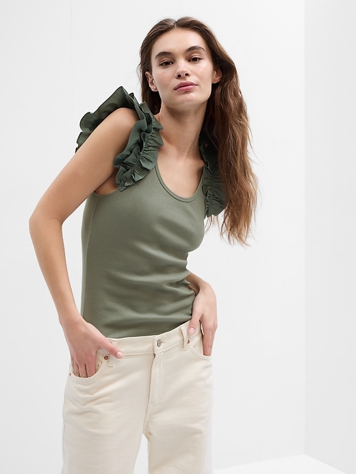 View large product image 1 of 2. Ribbed Ruffle Top