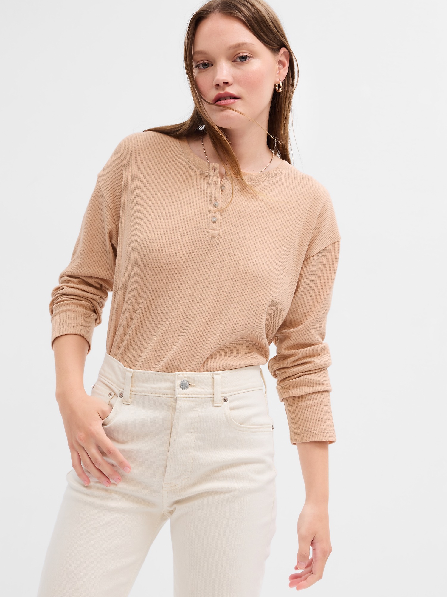 Waffle-knit Henley Shirt - Light beige - Kids