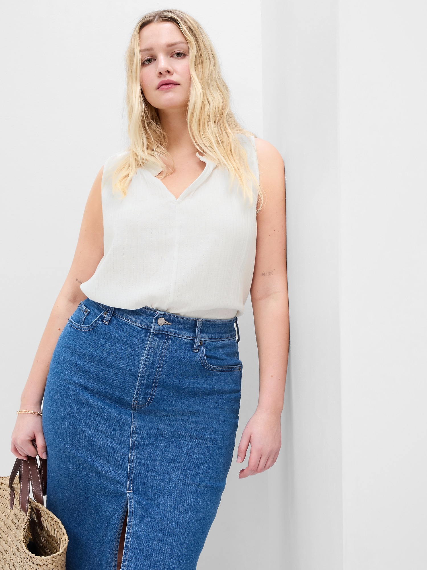 Gauze Stripe Splitneck Top