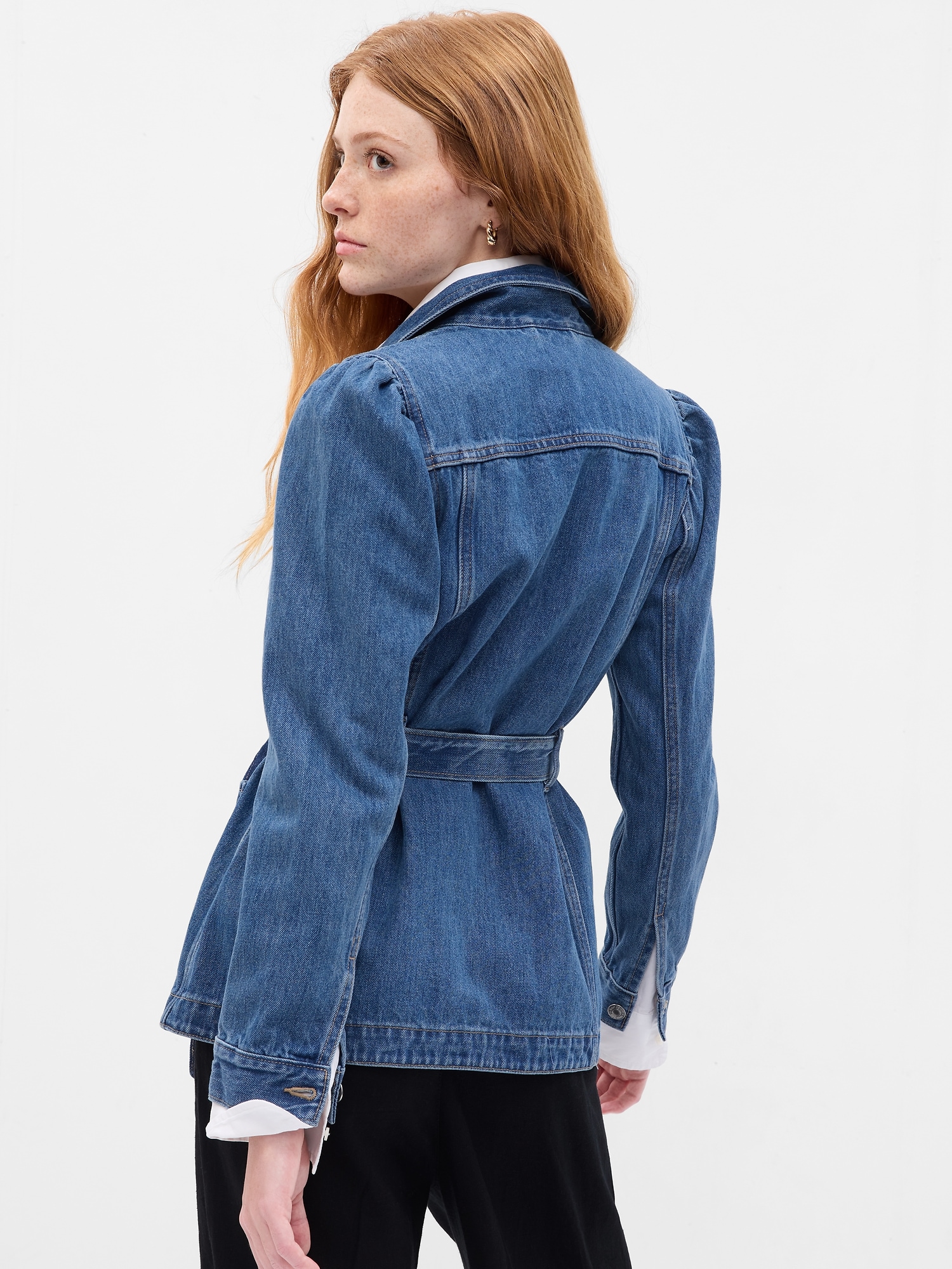 Belted Puff Sleeve Denim Jacket with Washwell | Gap Factory