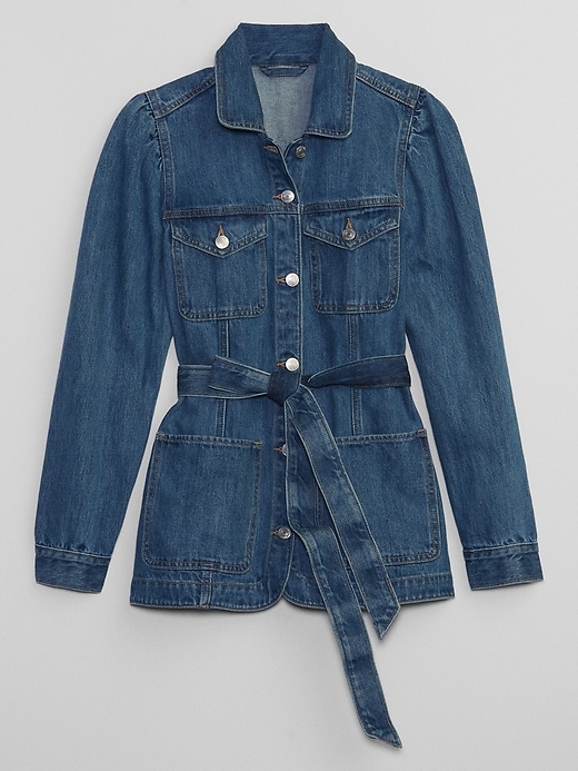 Image number 3 showing, Belted Puff Sleeve Denim Jacket with Washwell