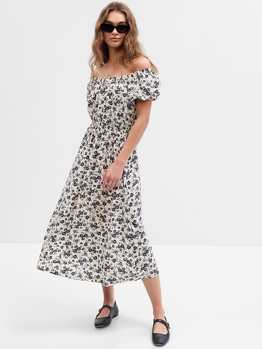 View large product image 1 of 3. Boatneck Puff Sleeve Midi Dress