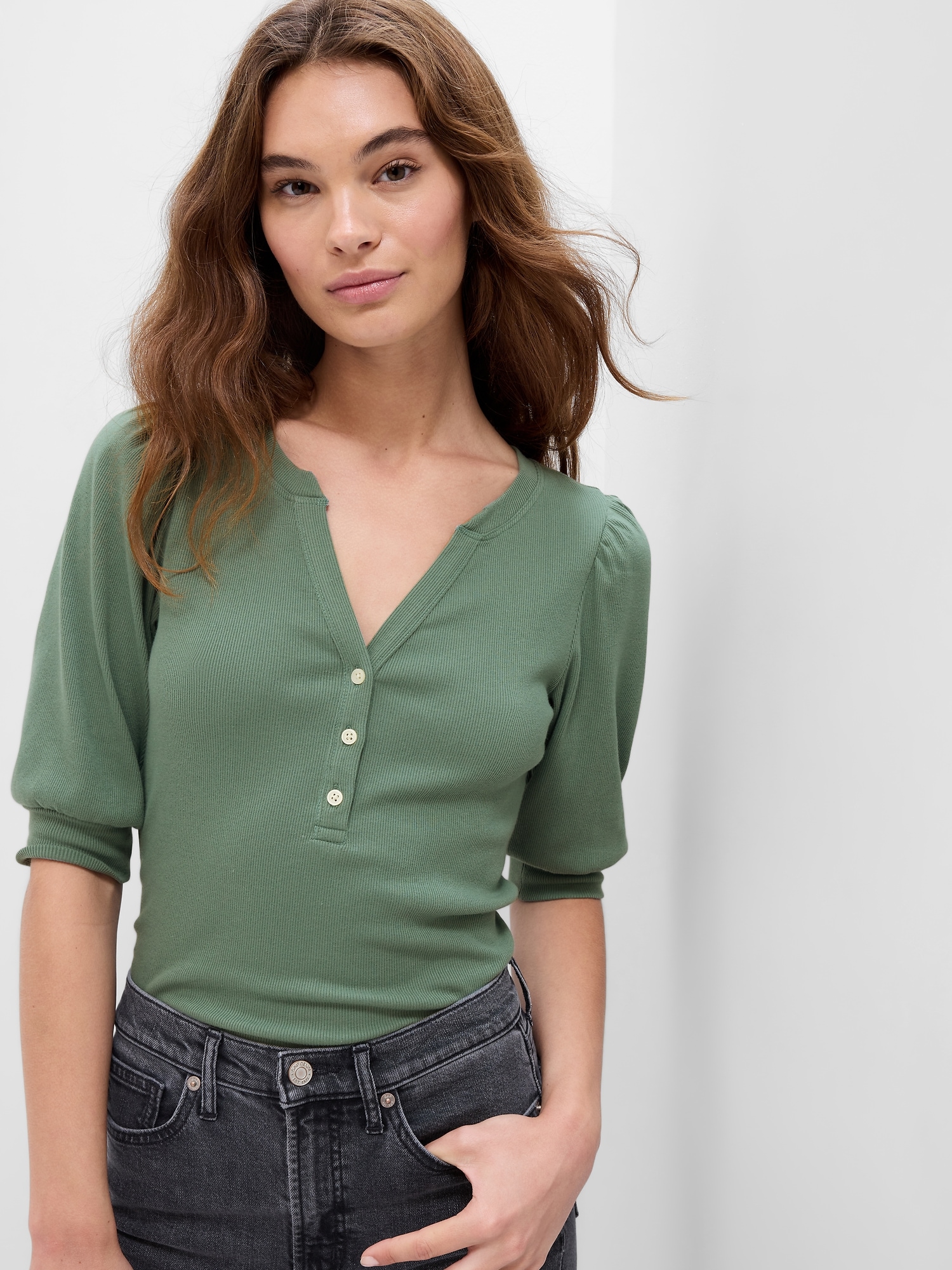 Fitted Henley Puff Sleeve Top Gap Factory